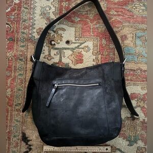 Black Leather Shoulder Bag with Front Zip Pocket